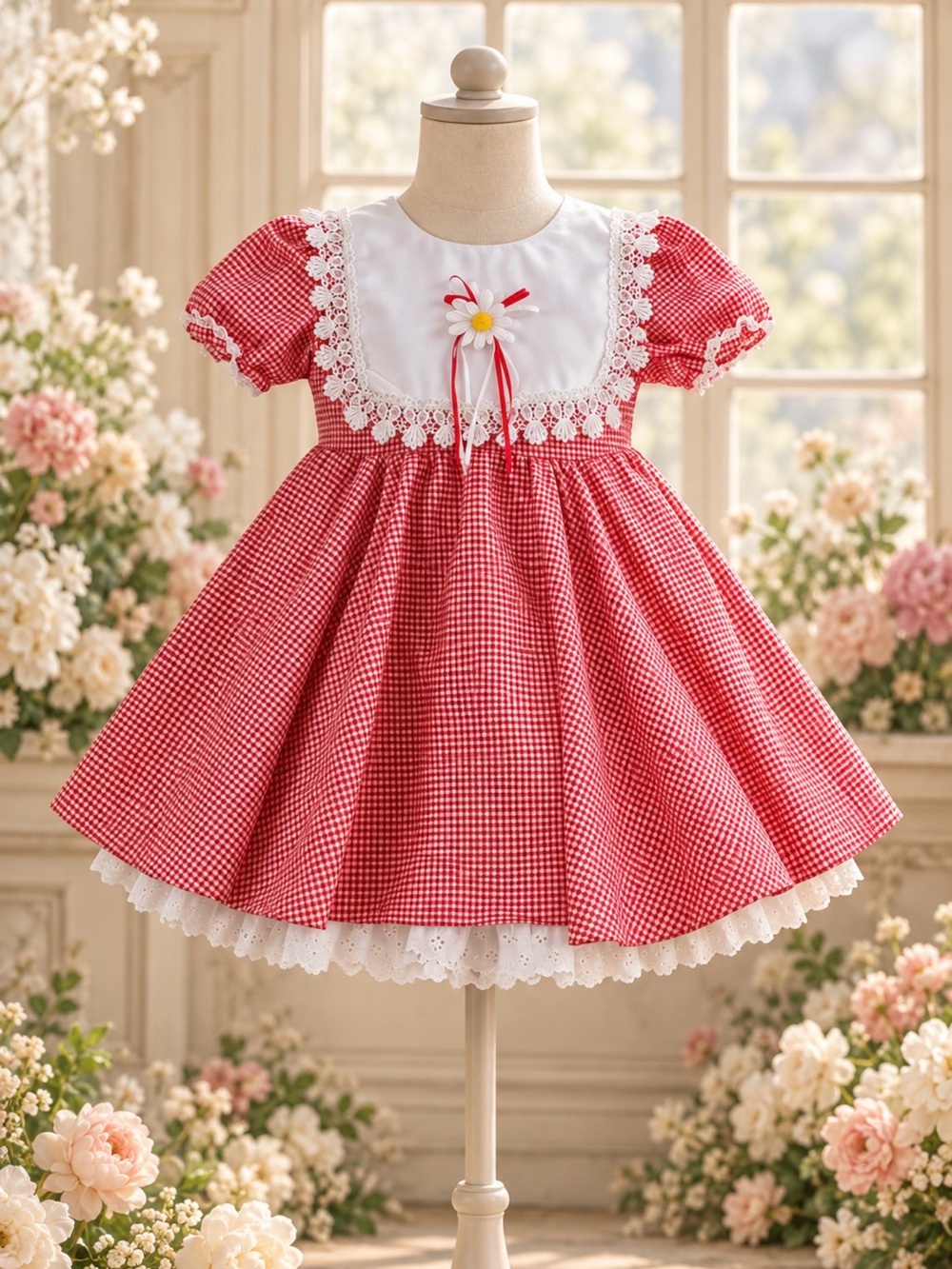 Classic Red Gingham Girl's Dress with White Bib -